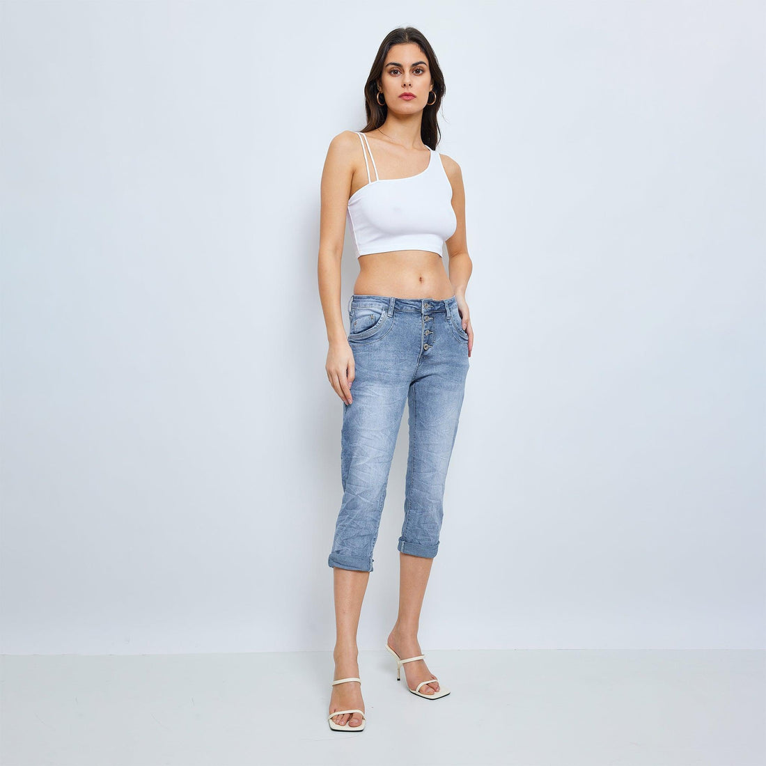 Pantacourt Ambre en Jean Taille Haute Classique à Boutons