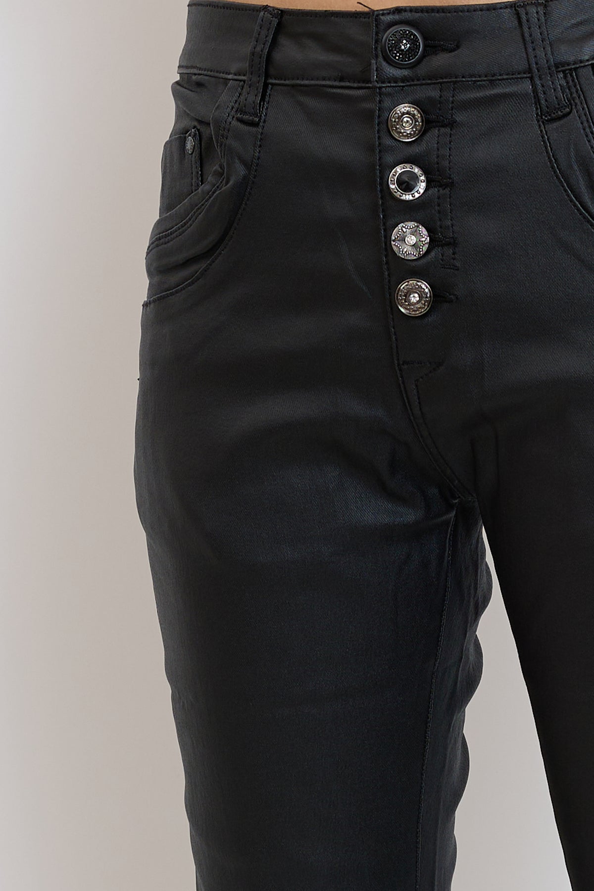 Noir,Boyfriend simili cuir boutons fantaisies - Jean femme - Place du jour