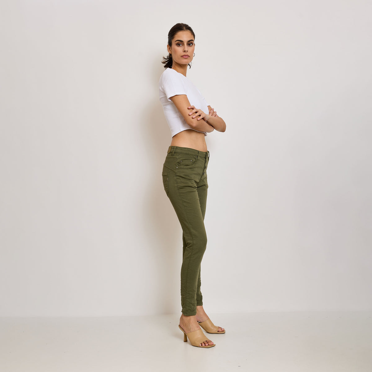 Kaki fonce ,Classique Boyfriend Stretch en Joggjeans - Pantalon couleur femme - Place du jour