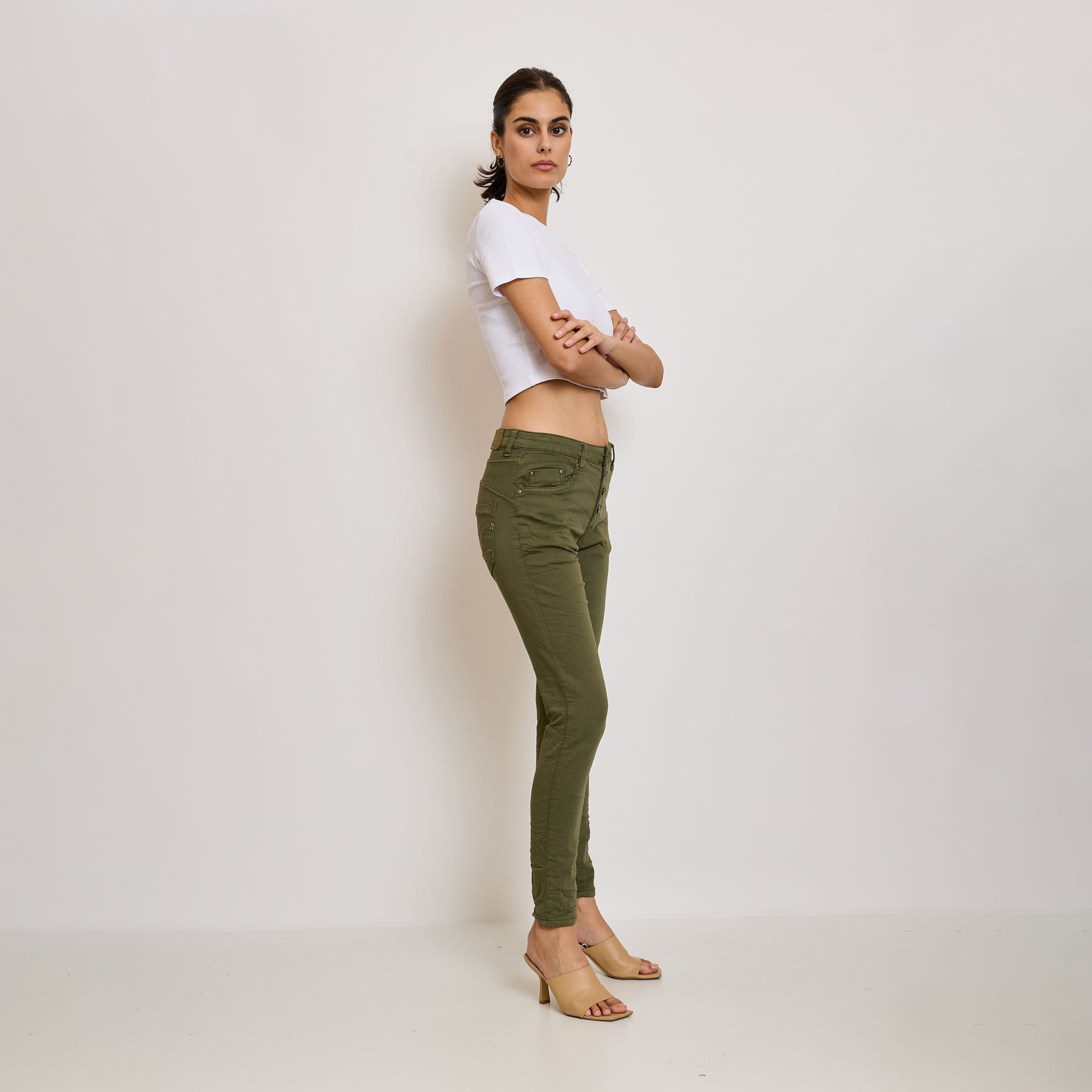 Kaki fonce ,Classique Boyfriend Stretch en Joggjeans - Pantalon couleur femme - Place du jour