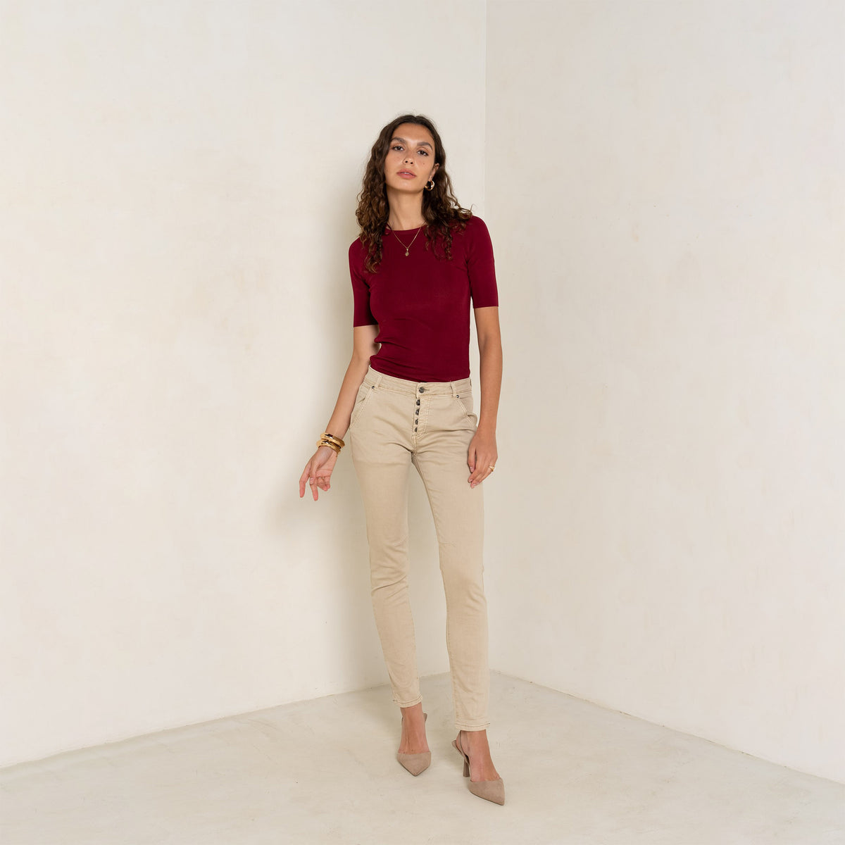 Beige fonce,Boyfriend Numéro 68 Revers Dorés - Pantalon Couleurs Femme - Place du jour
