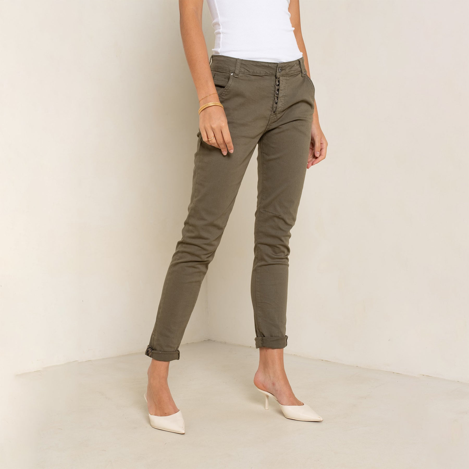 Kaki fonce,Boyfriend Numéro 68 Revers Dorés - Pantalon Couleurs Femme - Place du jour