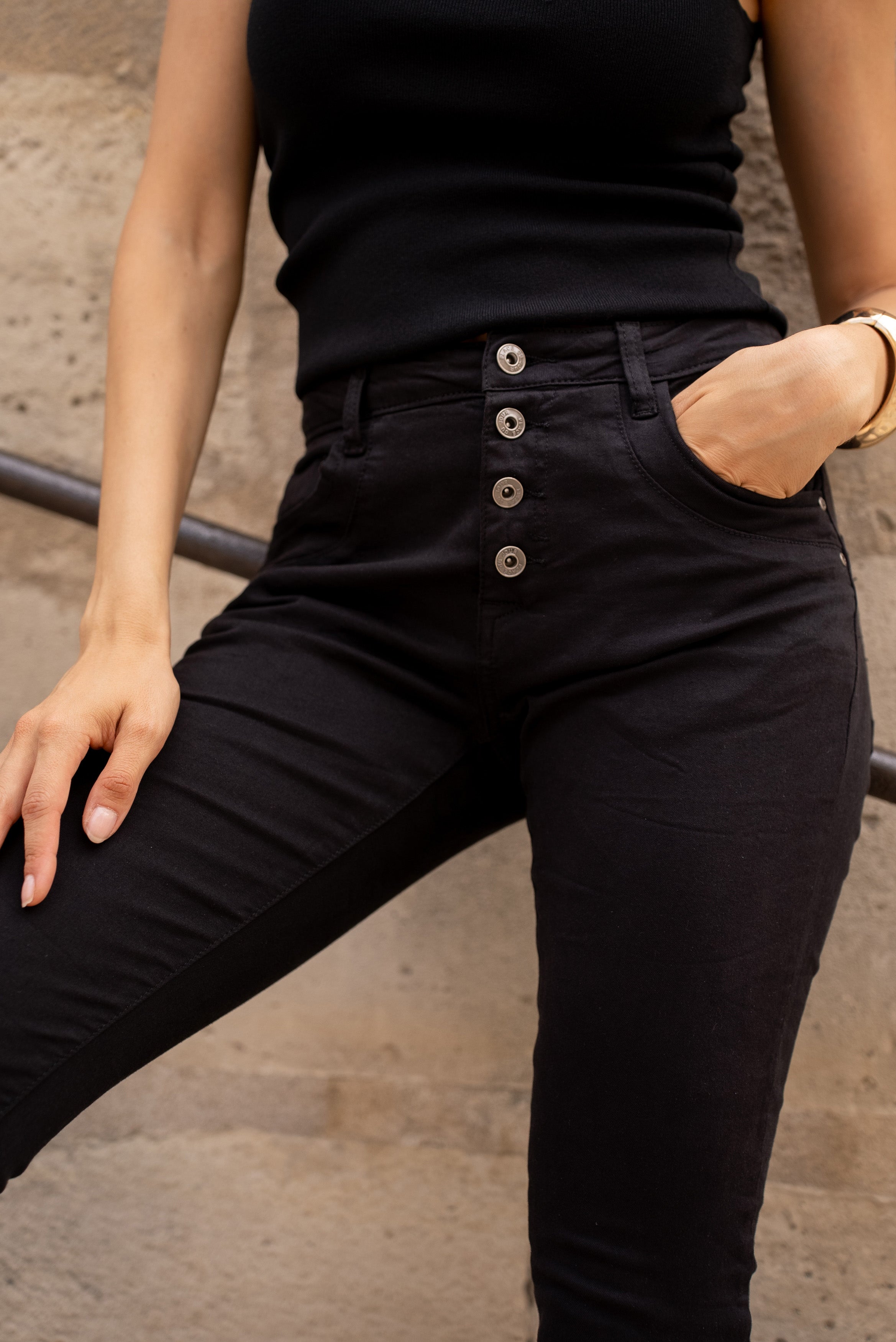 Noir,Boyfriend Taille Haute à Boutons - Jean femme - Place du jour