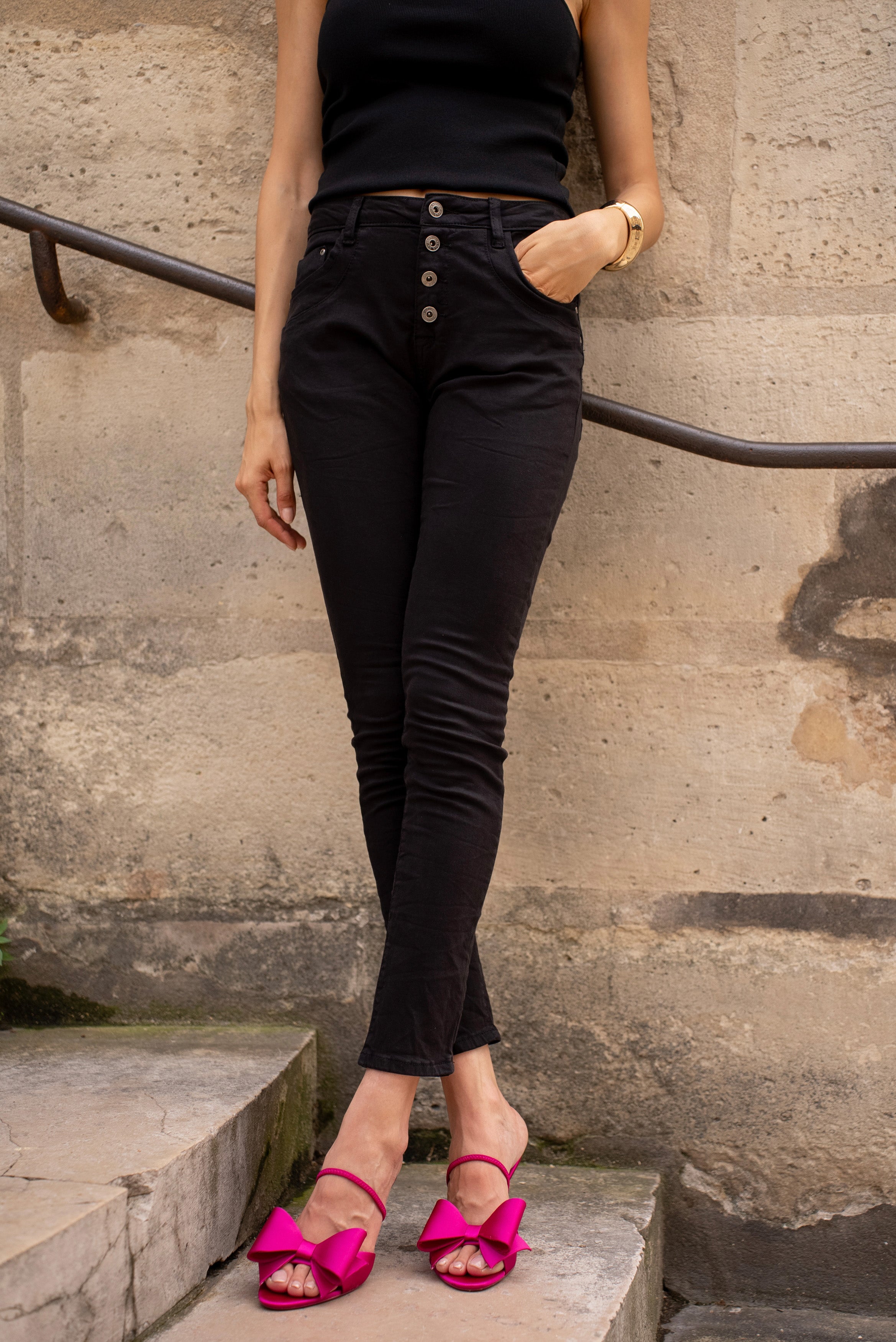 Noir,Boyfriend Taille Haute à Boutons - Jean femme - Place du jour