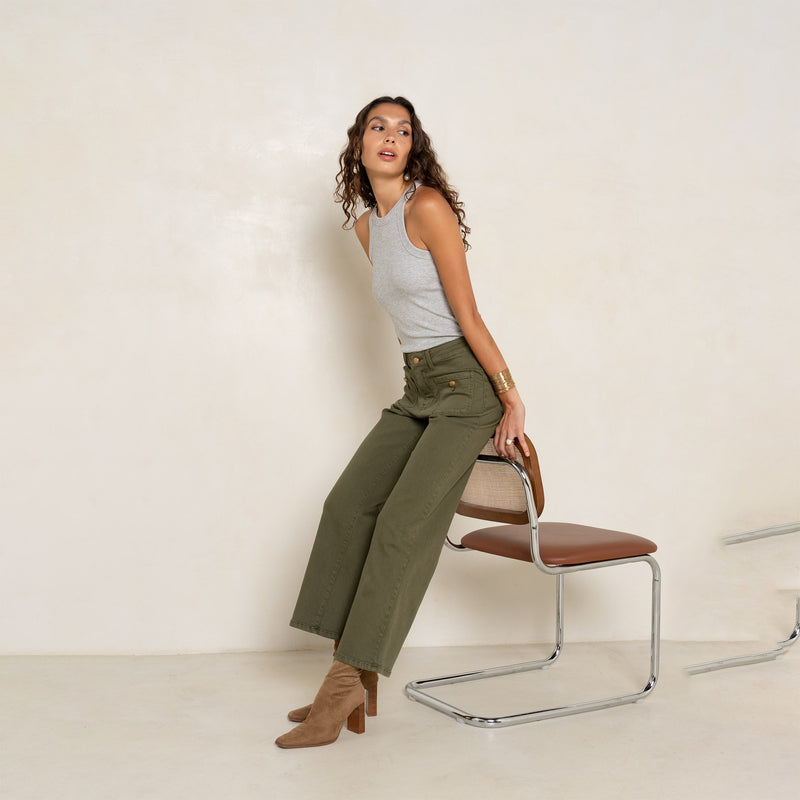 Pantalon Évasée Poche Plaquée