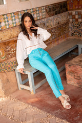 Turquoise ,Boyfriend avec boutons fantaisies - Pantalon Couleurs Femme - Place du jour
