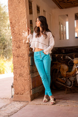 Turquoise ,Boyfriend avec boutons fantaisies - Pantalon Couleurs Femme - Place du jour