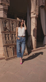 Color:Jean bleu,Jean Loose Cross à Fermeture Asymétrique - Jean Femme - Place du jour