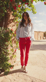Color:Rouge,Boyfriend avec Revers Blanc - Pantalon Couleurs Femme - Place du jour