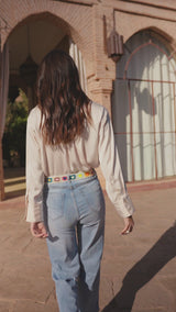 Color:Jean bleu,Jean Laëtitia coupe droite avec ceinture en broderie - Jean femme - Place du jour