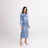 Jean bleu clair, Robe en jeans longue - fendue - Jean Femme - Place du jour