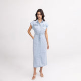 Jean bleu clair,Robe en Jeans Clair à Manches Courtes - Femme - Place du jour