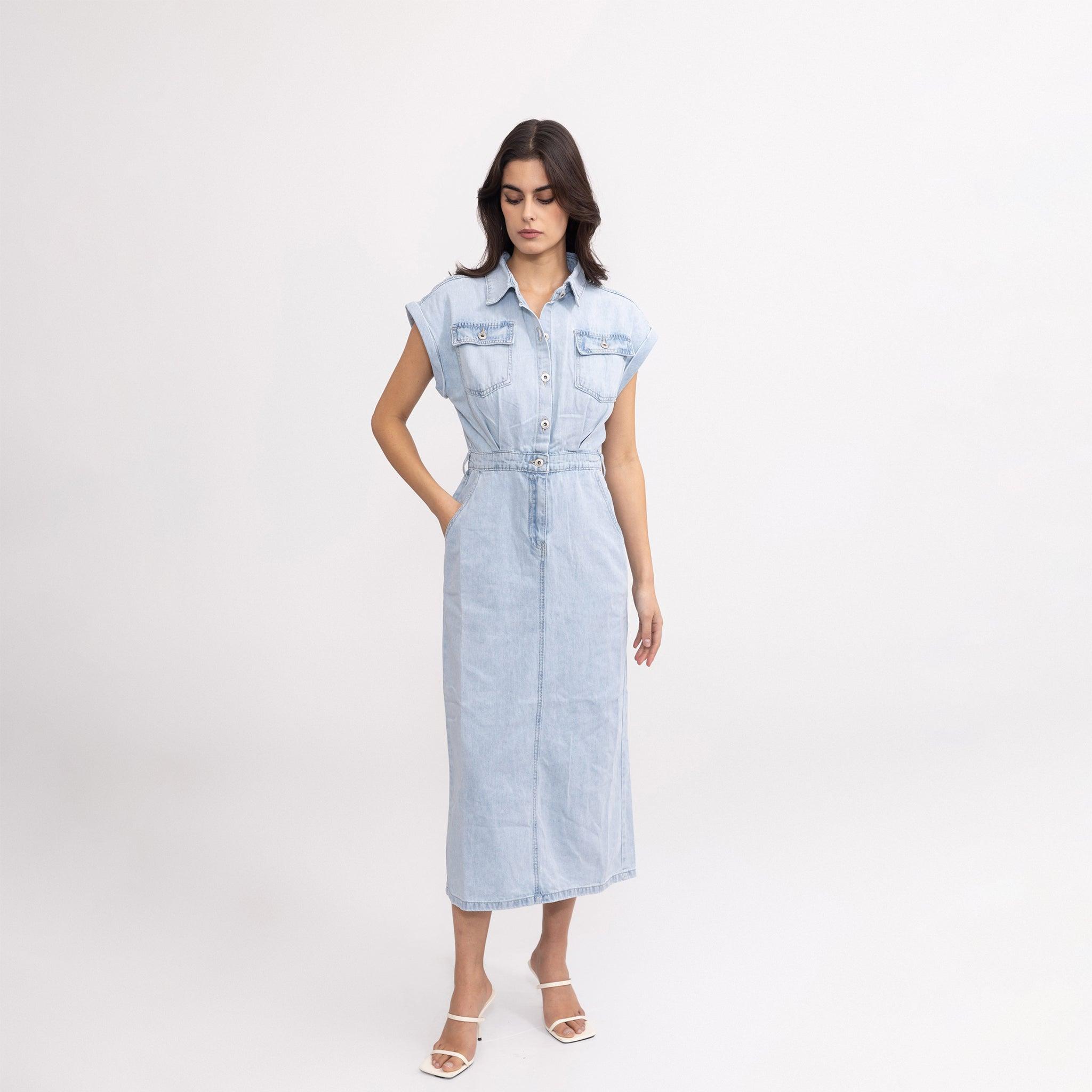 Jean bleu clair,Robe en Jeans Clair à Manches Courtes - Femme - Place du jour