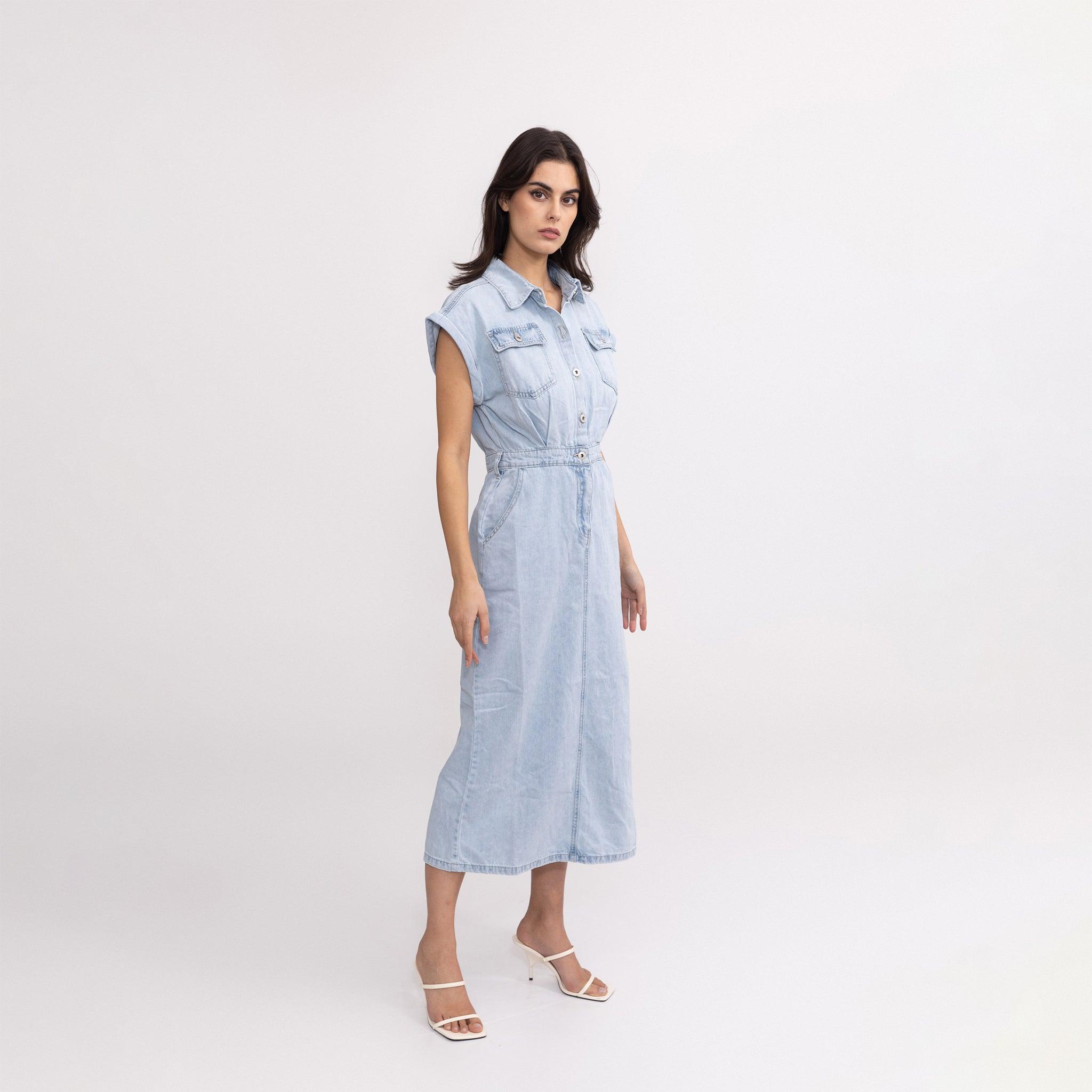 Jean bleu clair,Robe en Jeans Clair à Manches Courtes - Femme - Place du jour