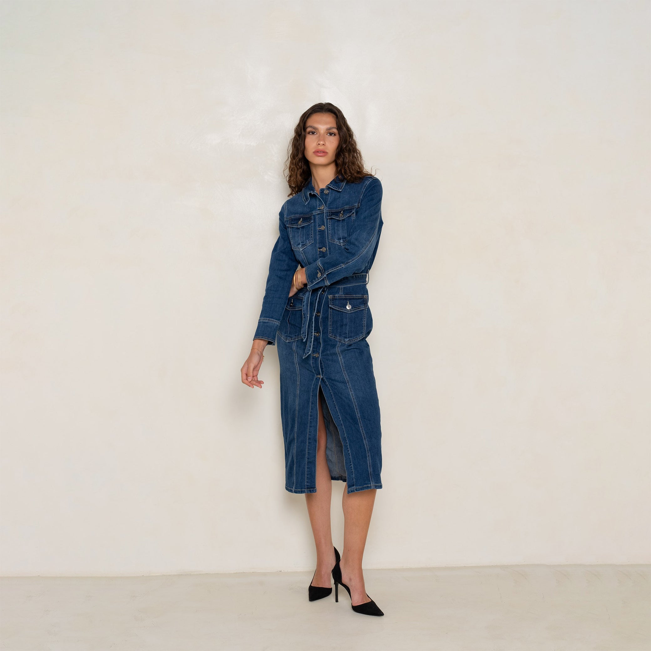 Jean bleu fonce, Robe en jeans longue - fendue - Jean Femme - Place du jour