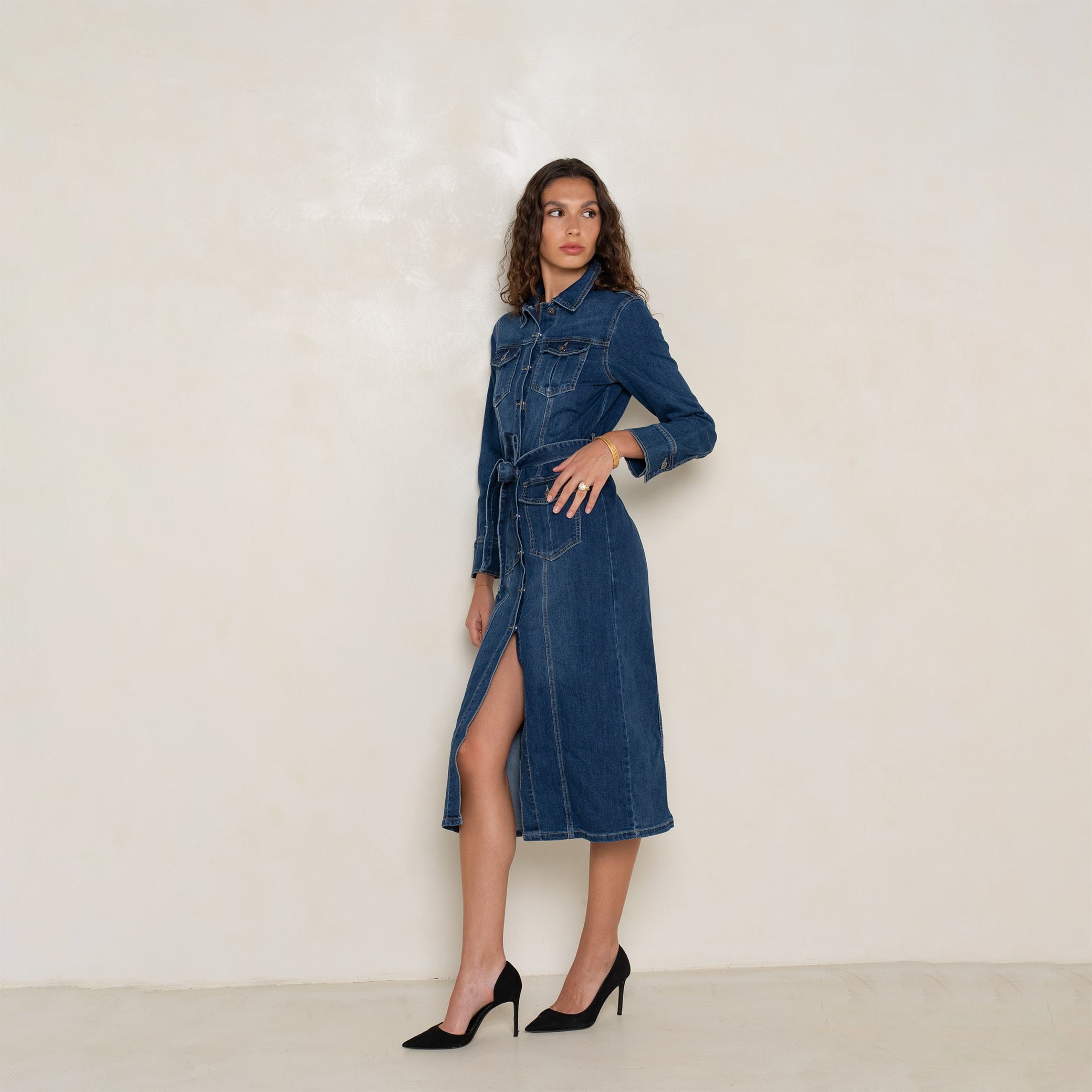 Jean bleu fonce, Robe en jeans longue - fendue - Jean Femme - Place du jour