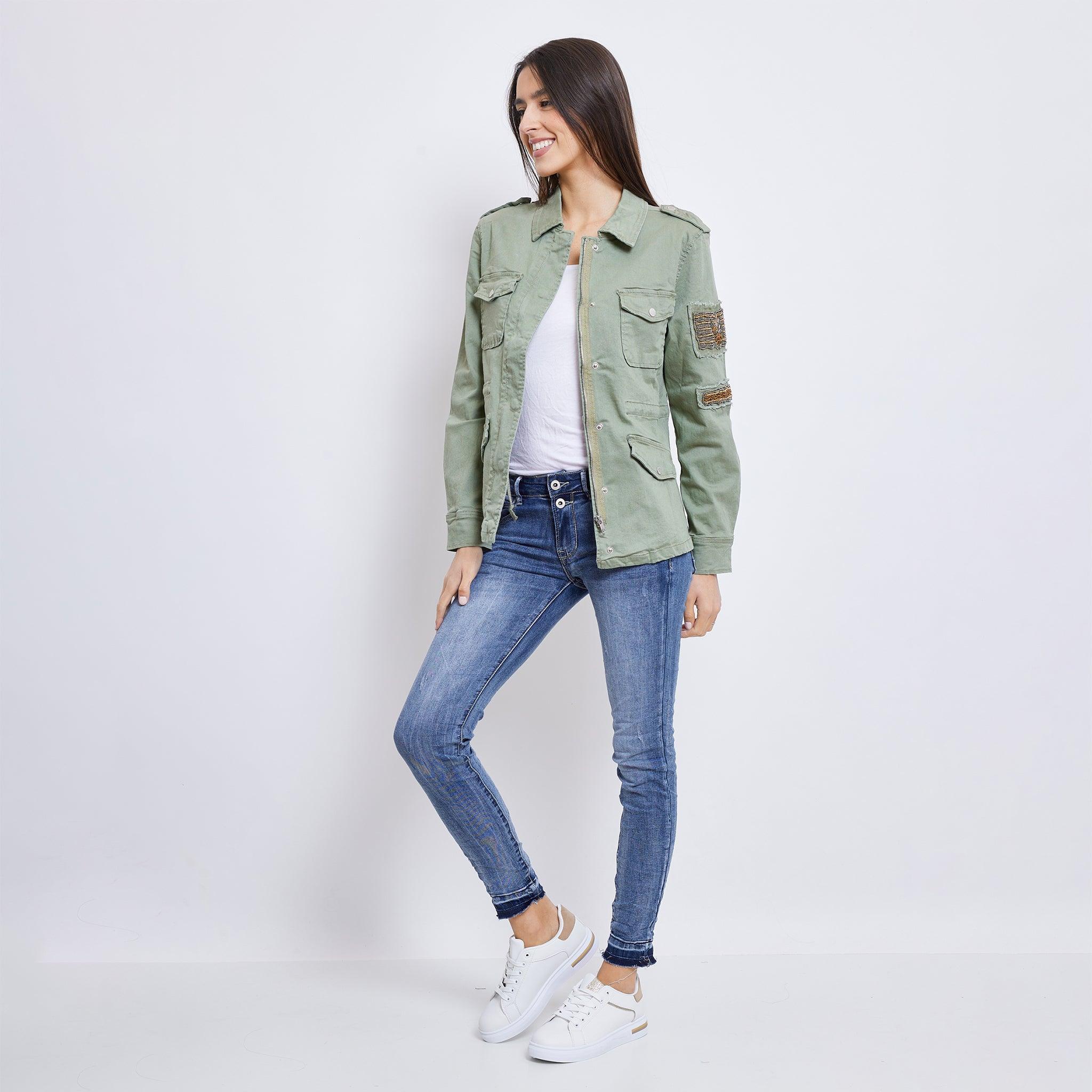 Kaki, Saharienne Broderies Perles - Jean Femme - Place du jour