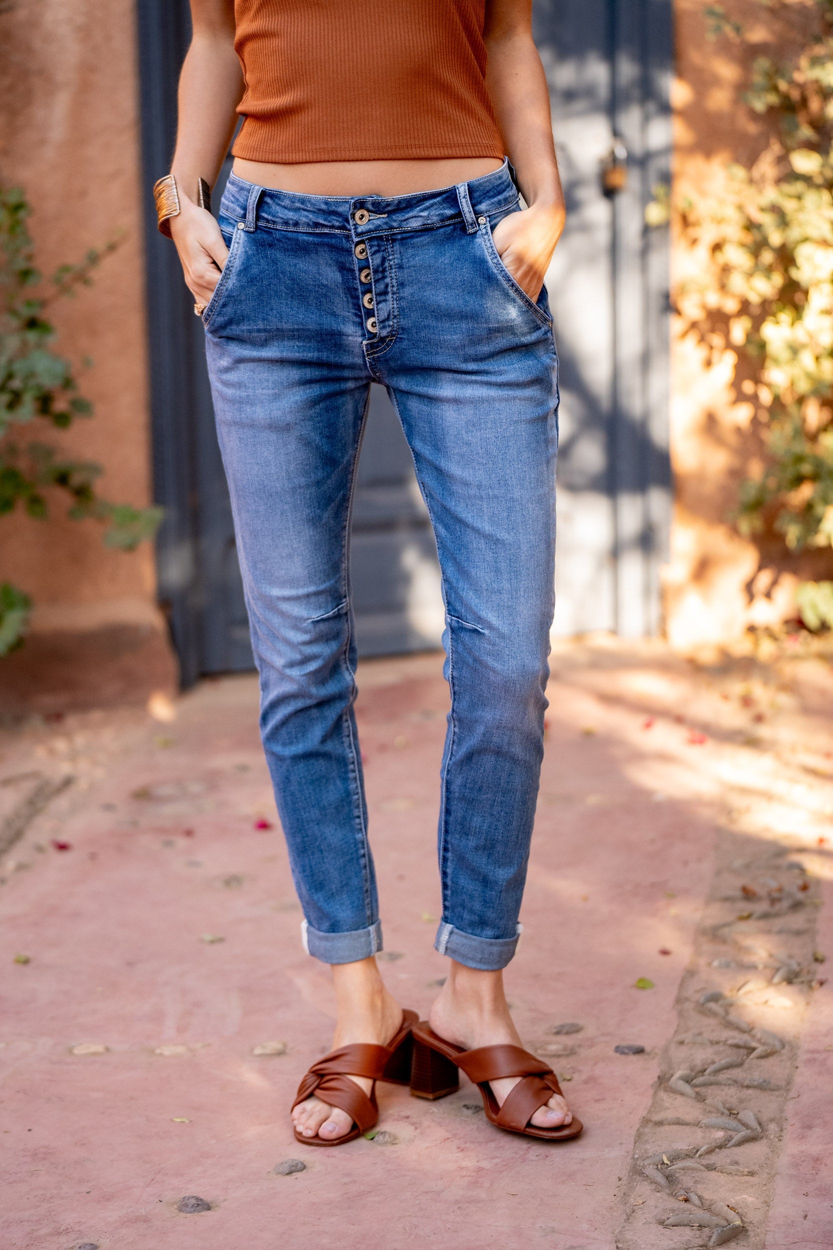 Jean bleu, Pantalon Boyfriend Couleur Revers Blanc - Place du Jour