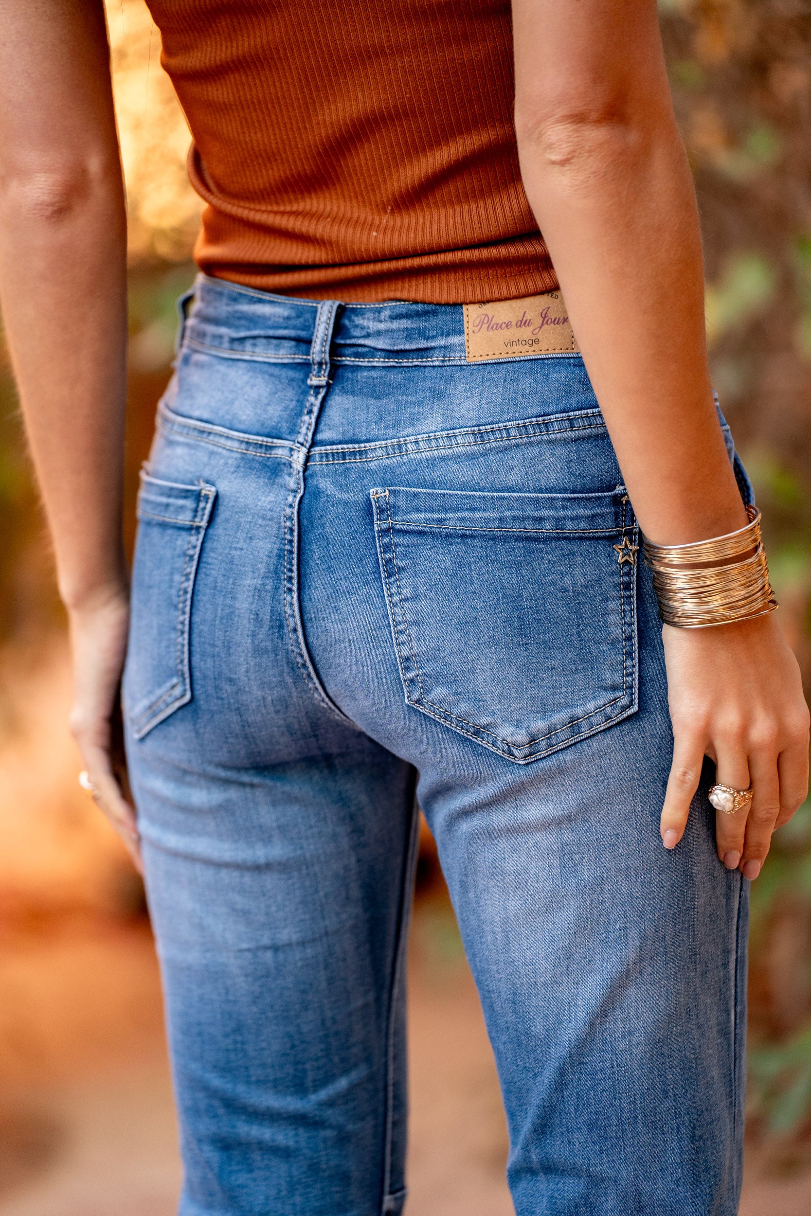 Jean bleu,Jean Femme Boyfriend Taille Haute Avec Revers Blanc - Place du jour