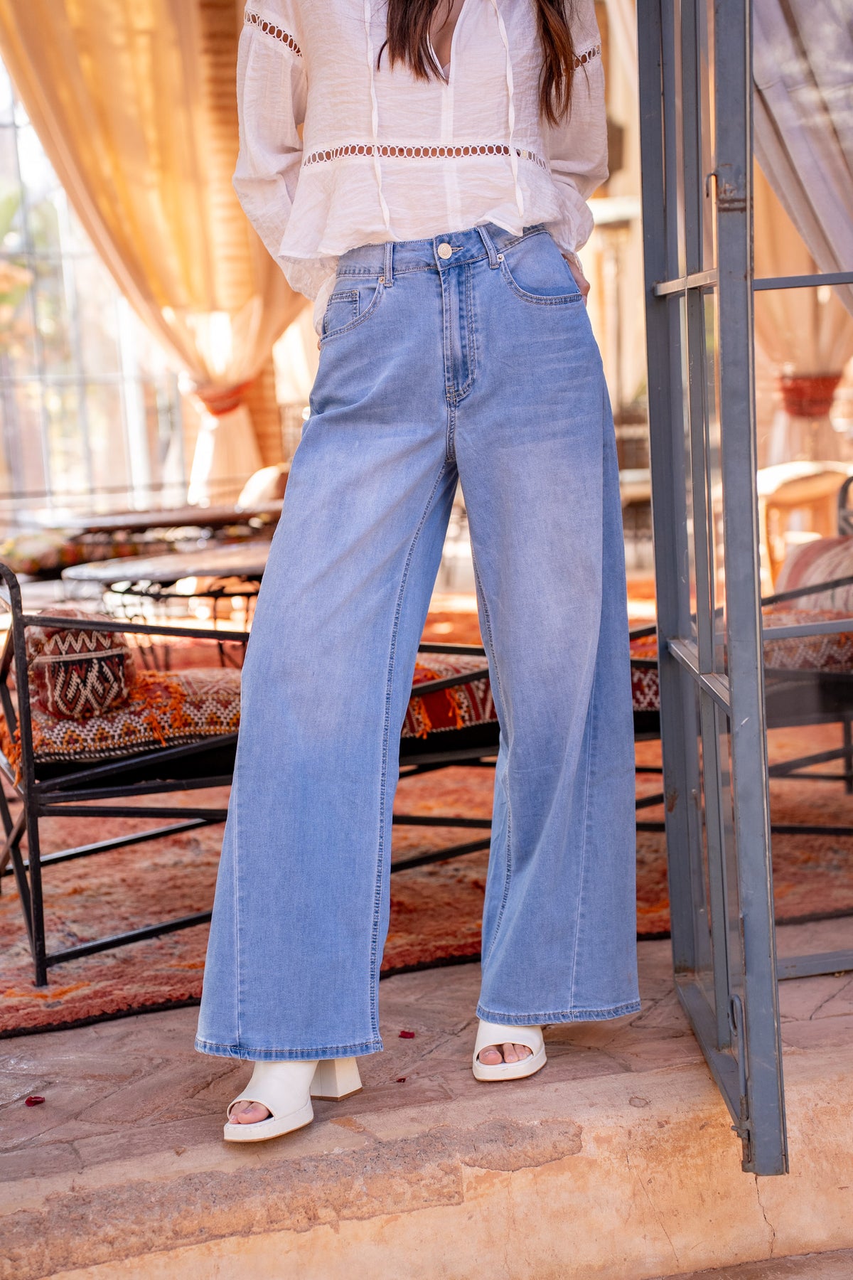 Jean bleu,Jean Bleu Fonce Taille Haute Evasé - Jean Femme - Place du jour