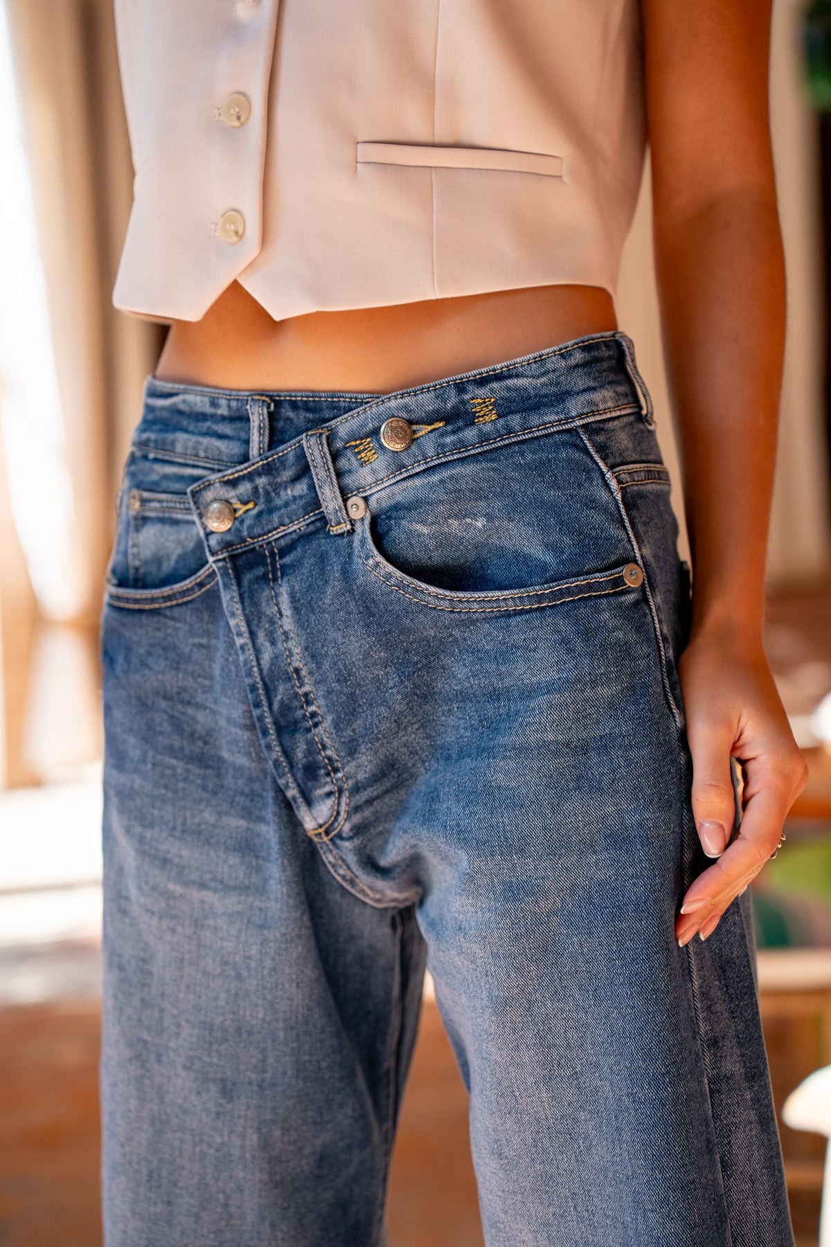 Jean bleu,Jean Loose Cross à Fermeture Asymétrique - Jean Femme - Place du jour