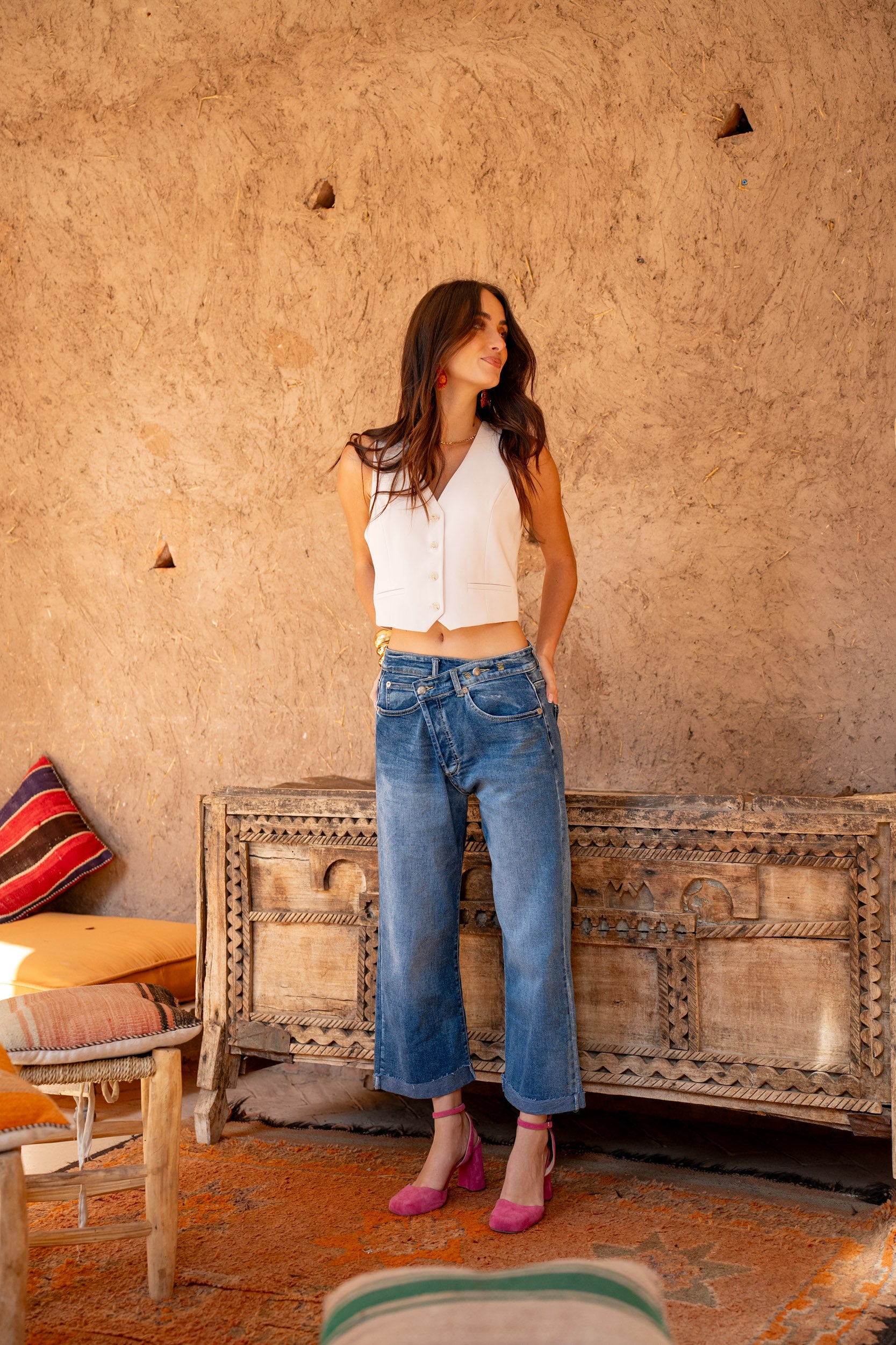 Jean bleu,Jean Loose Cross à Fermeture Asymétrique - Jean Femme - Place du jour