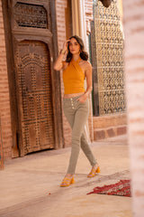 Kaki ,Boyfriend Taille Haute à Boutons - Jean femme - Place du jour