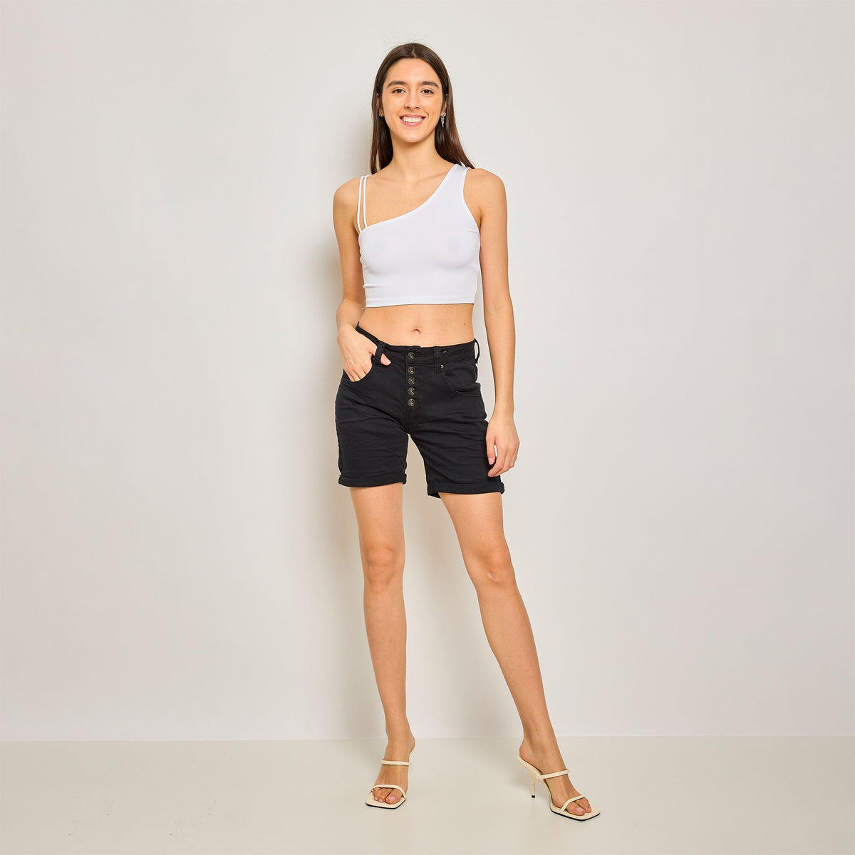 Color:Noir,Short Femme Taille Haute à Boutons - Place du jour