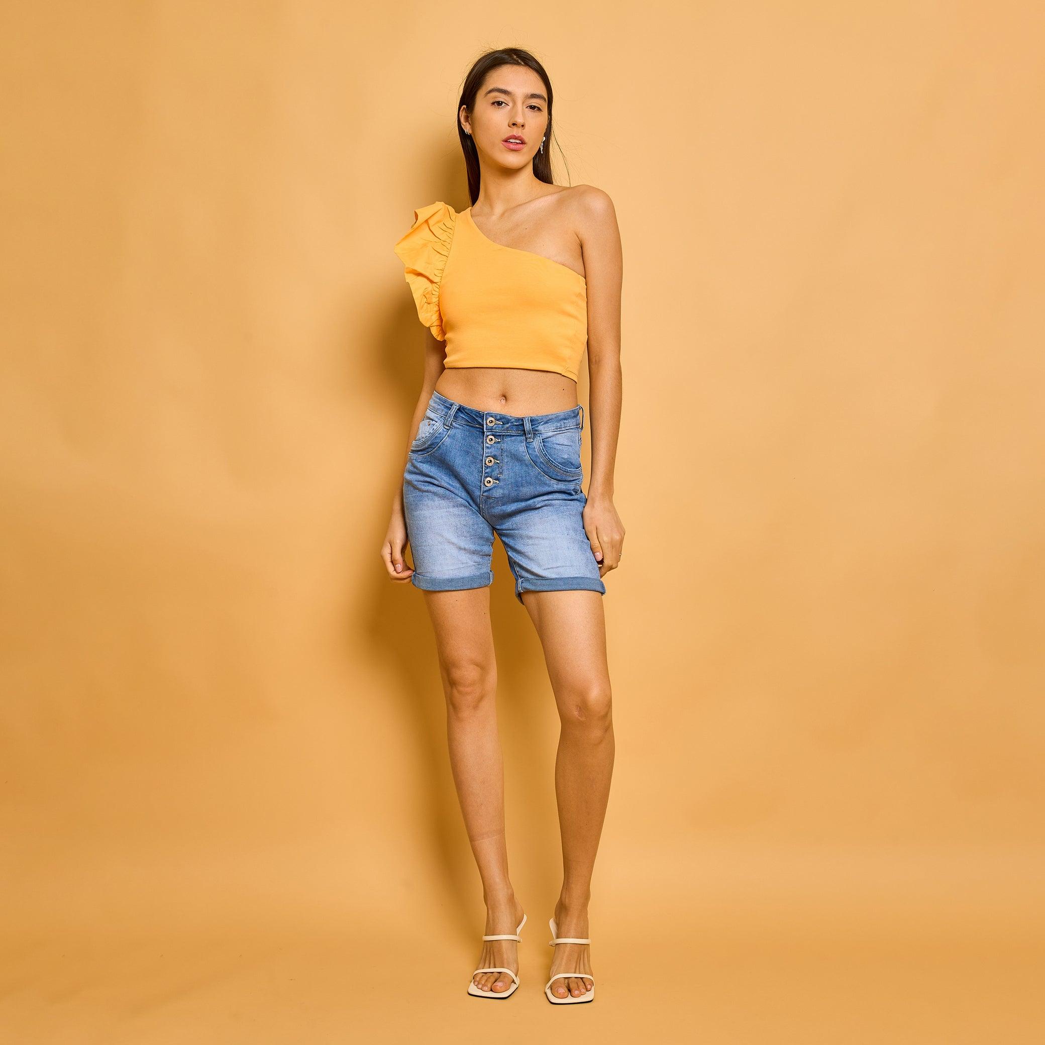 Jean bleu clair,Short Léna en Jean Classique Taille Haute 4 Boutons - Place du jour