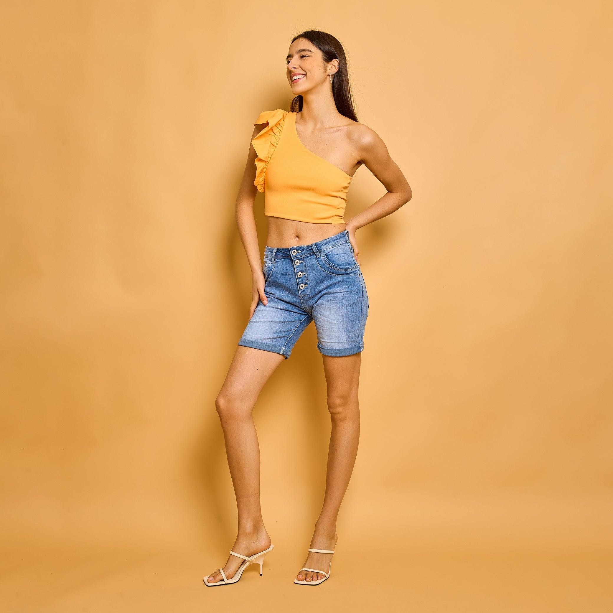 Jean bleu clair,Short Léna en Jean Classique Taille Haute 4 Boutons - Place du jour