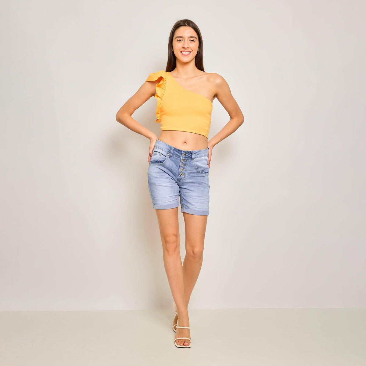 Jean bleu clair,Short Marine en JoggJeans Classiques 5 Boutons - Place du jour