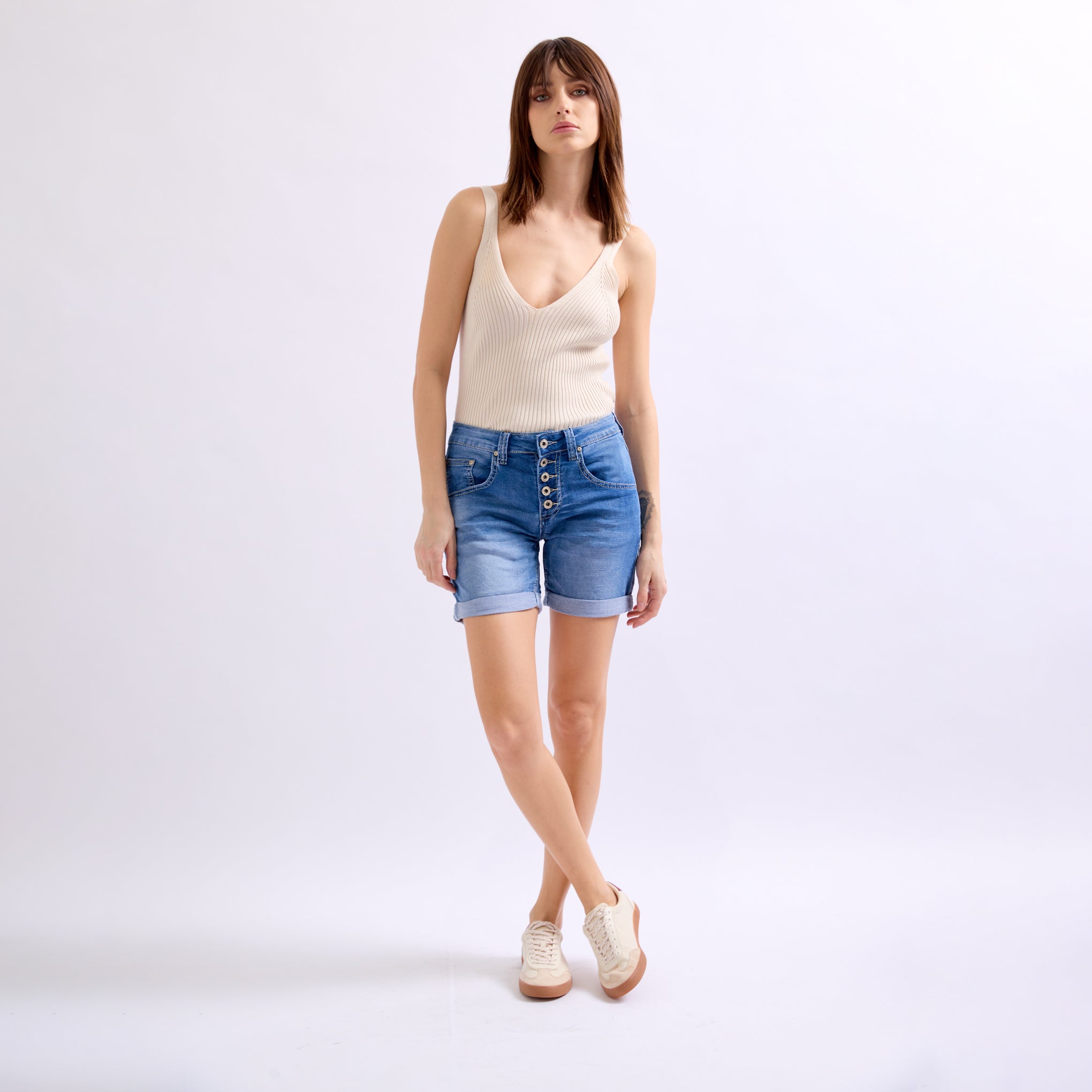 Jean bleu,Short Marine en JoggJeans Classiques 5 Boutons - Place du jour