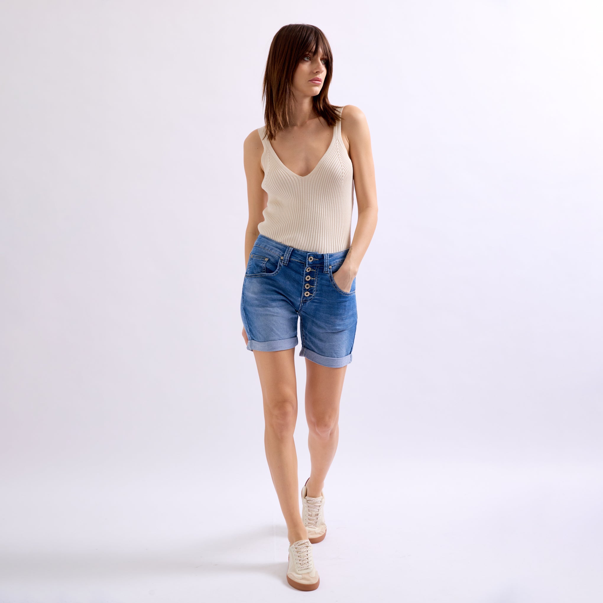 Jean bleu,Short Marine en JoggJeans Classiques 5 Boutons - Place du jour