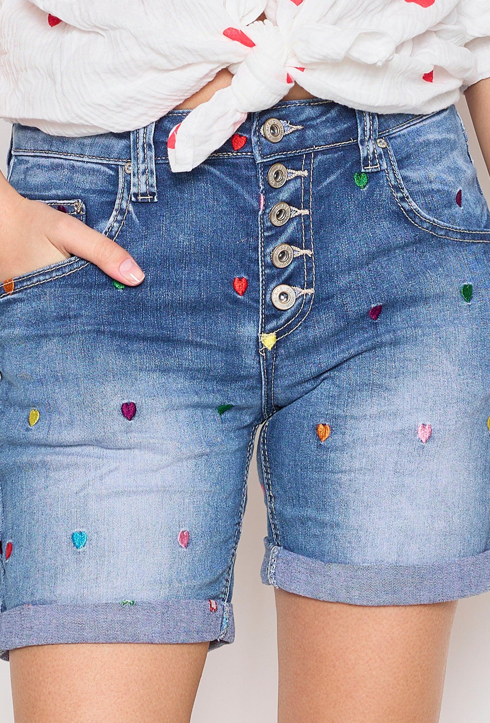 Jean bleu,Short Broderies Cœur - Jean Femme - Place du jour
