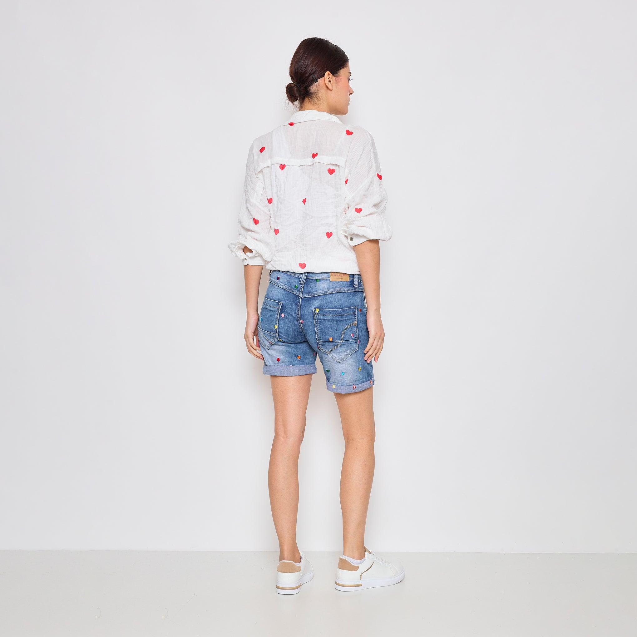 Jean bleu,Short Broderies Cœur - Jean Femme - Place du jour
