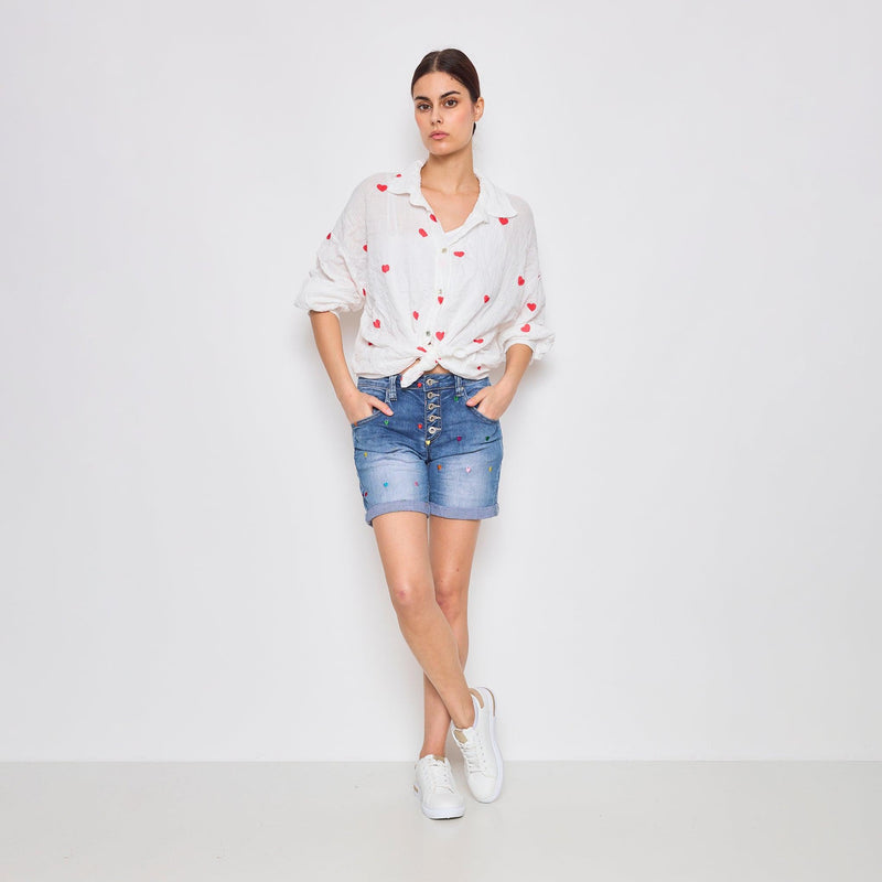 Short Cupidon Taille Haute Broderies Cœur Multicolores