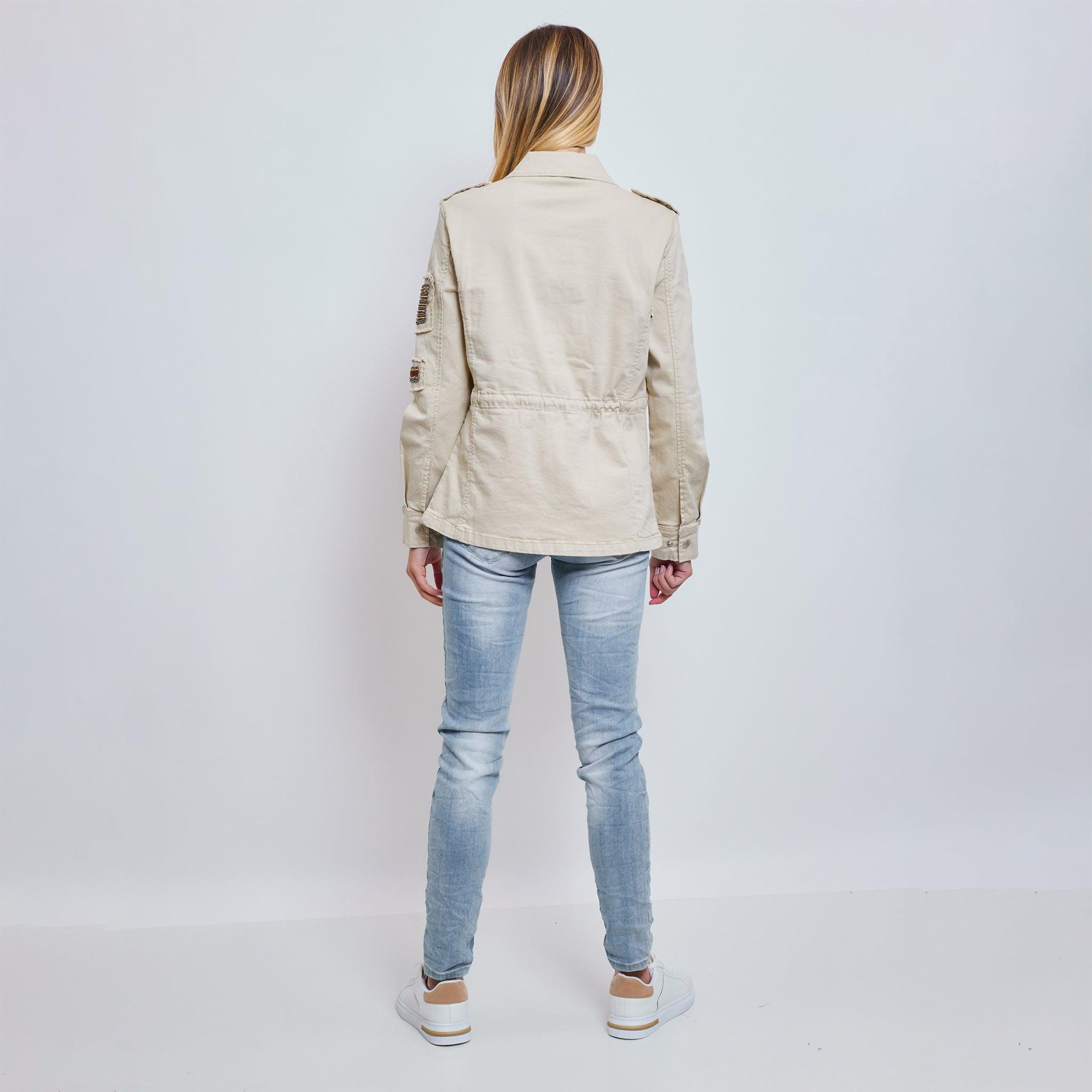 Beige, Saharienne Broderies Perles - Jean Femme - Place du jour