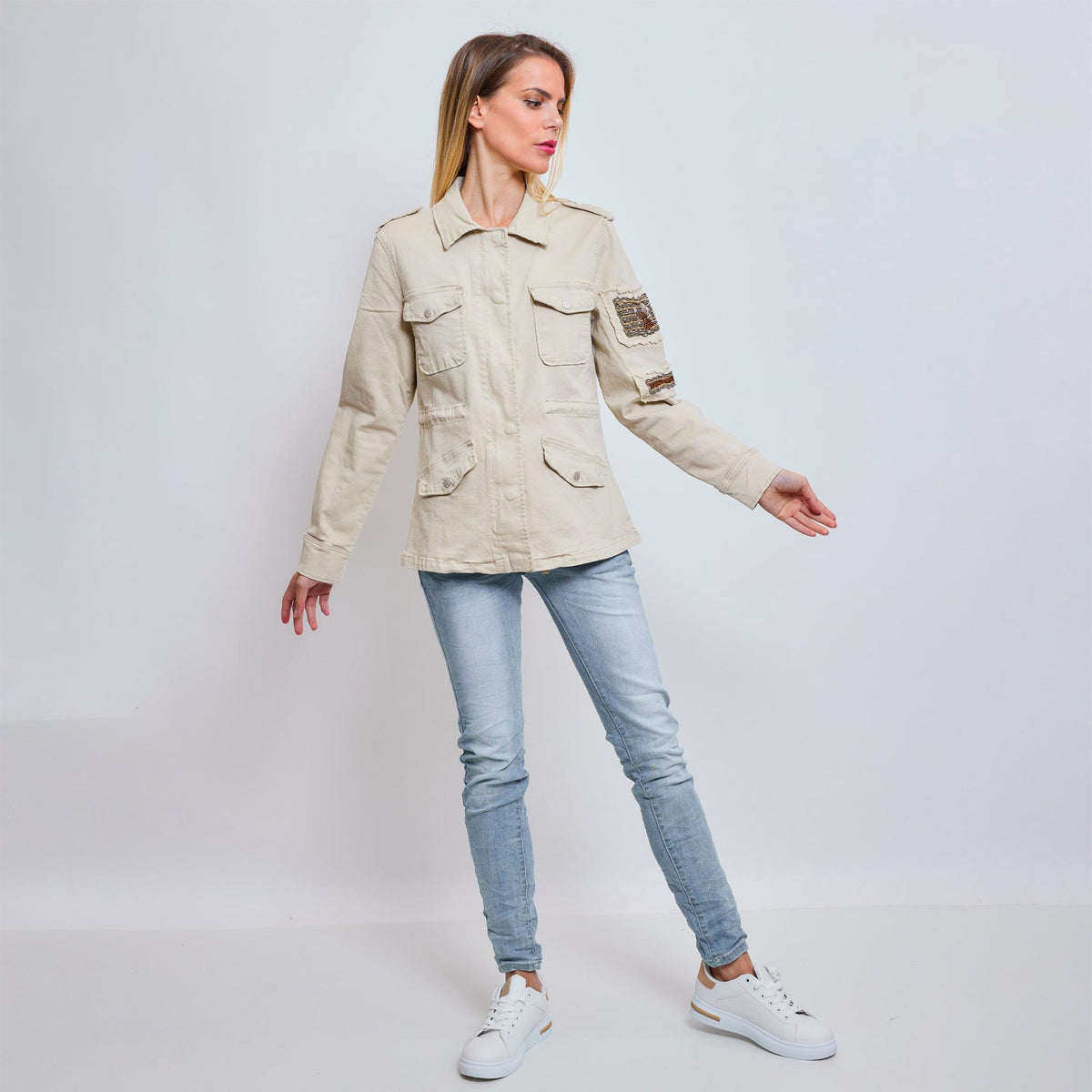 Beige, Saharienne Broderies Perles - Jean Femme - Place du jour