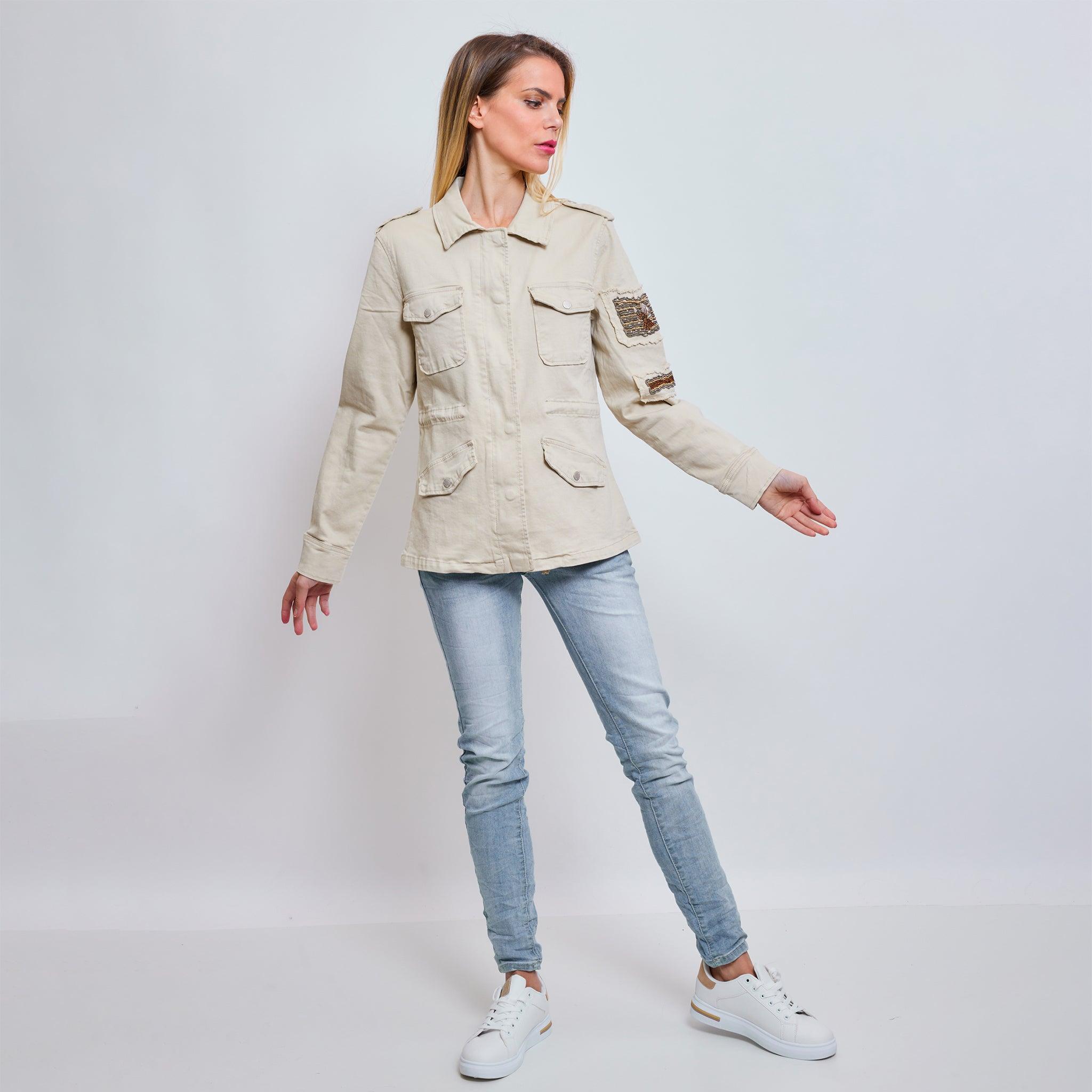 Beige, Saharienne Broderies Perles - Jean Femme - Place du jour