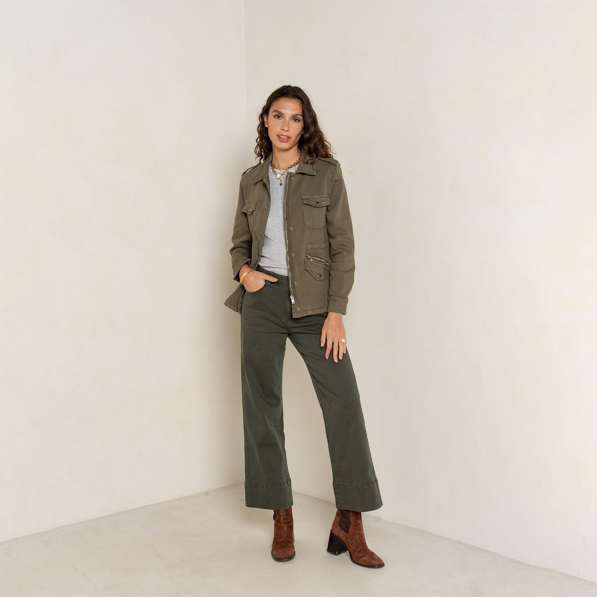 Kaki fonce,Saharienne Lou Classique Fermeture Éclair - Veste Femme - Place du jour