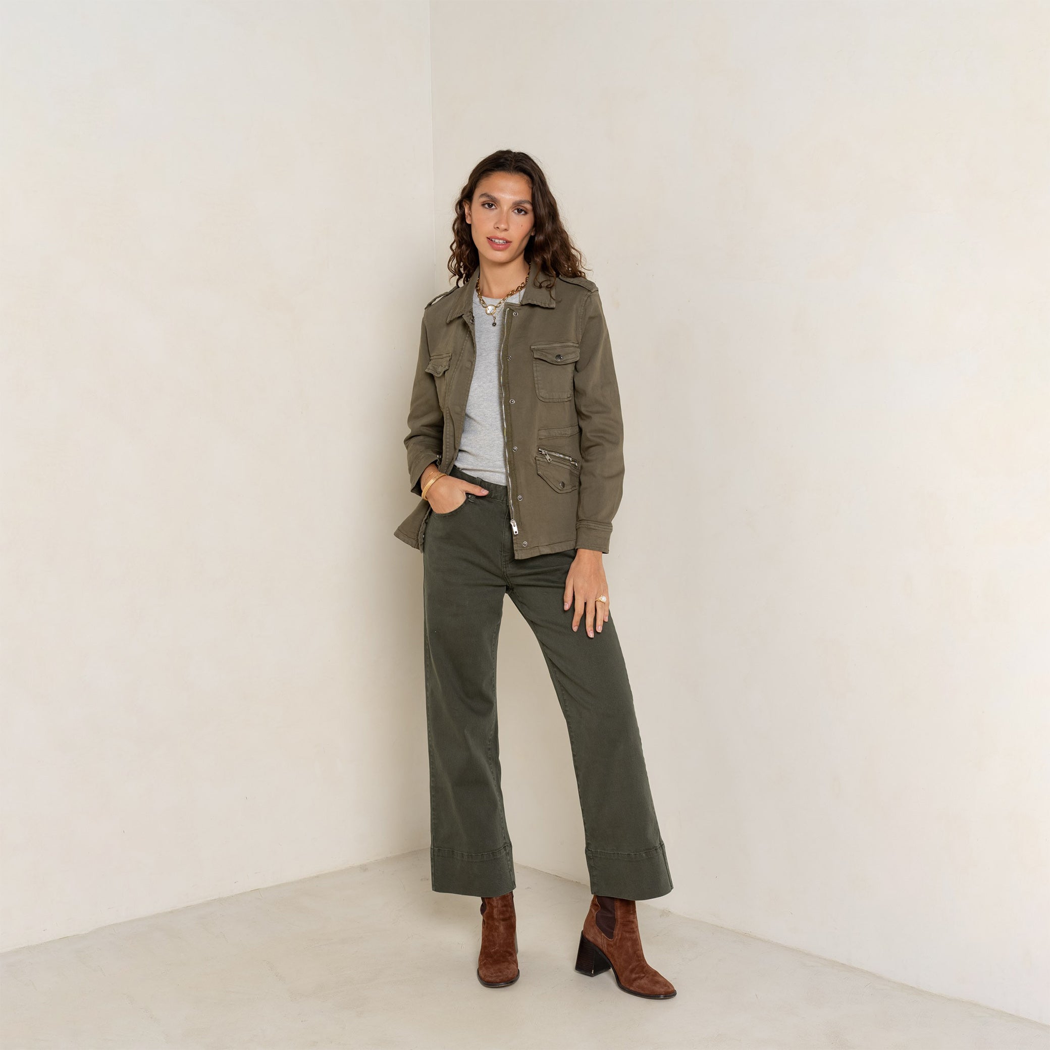 Kaki fonce,Saharienne Lou Classique Fermeture Éclair - Veste Femme - Place du jour