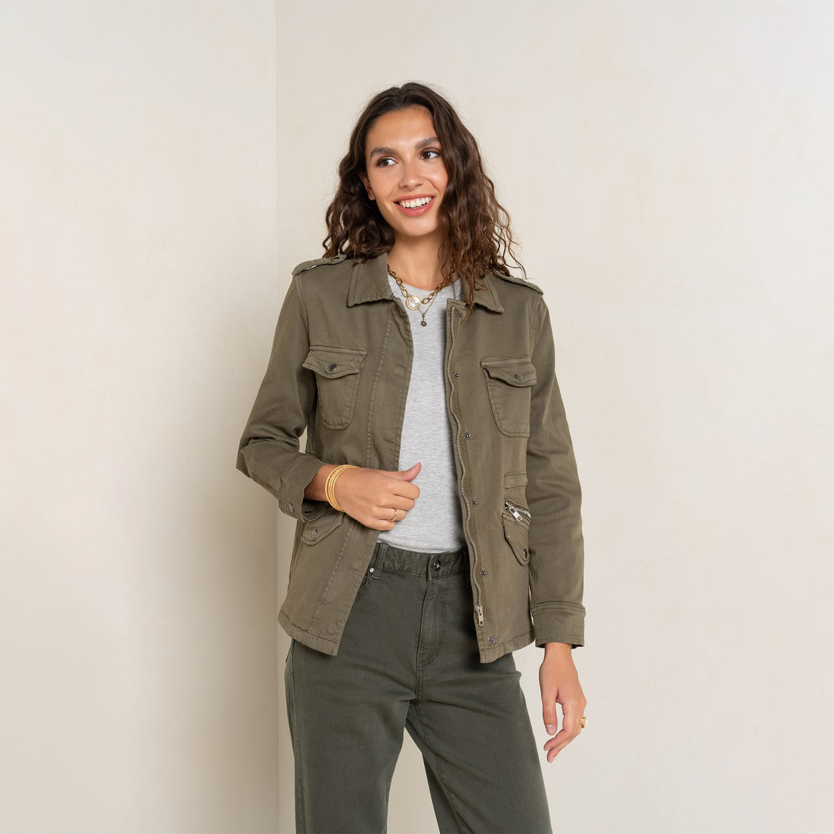 Kaki fonce,Saharienne Lou Classique Fermeture Éclair - Veste Femme - Place du jour