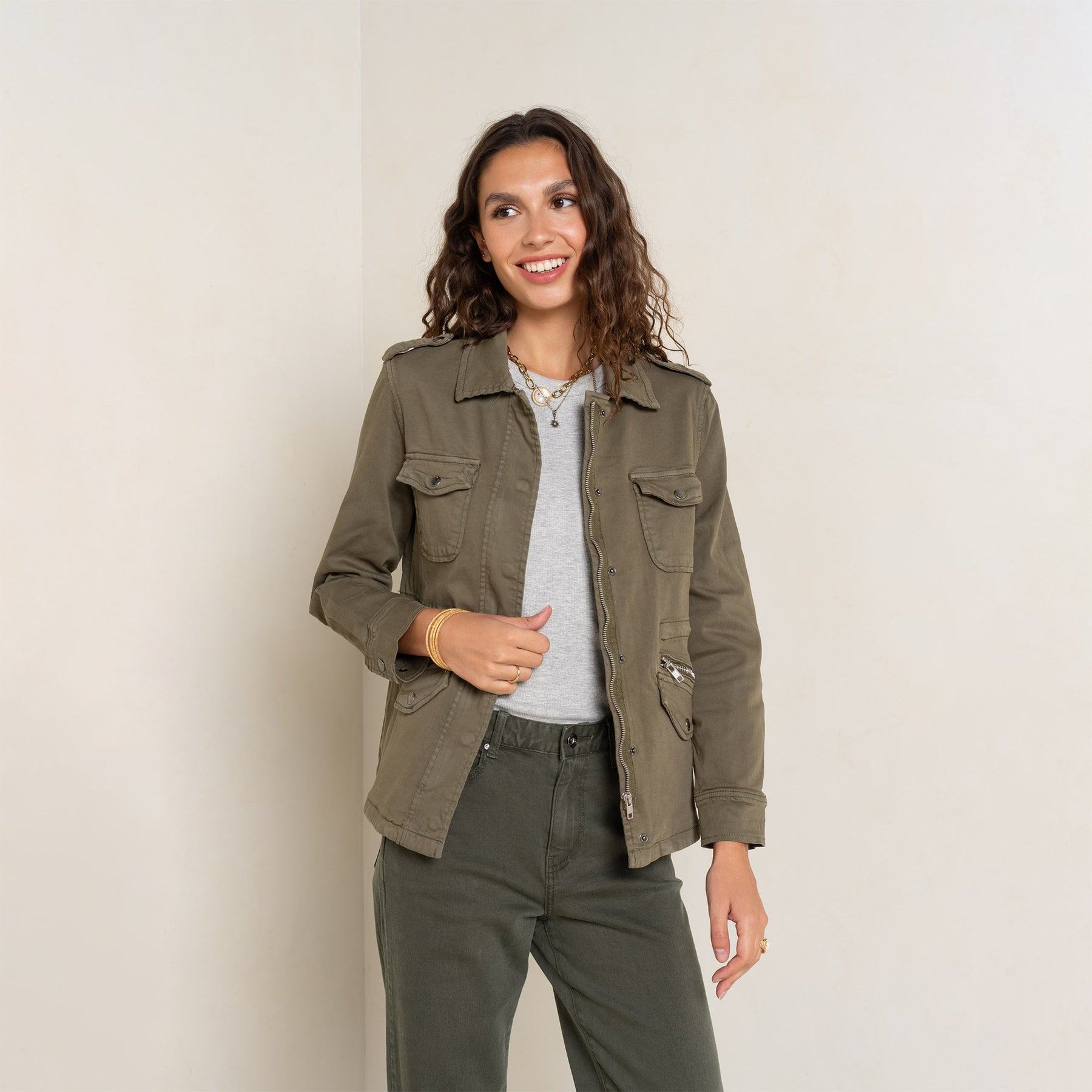 Kaki fonce,Saharienne Lou Classique Fermeture Éclair - Veste Femme - Place du jour