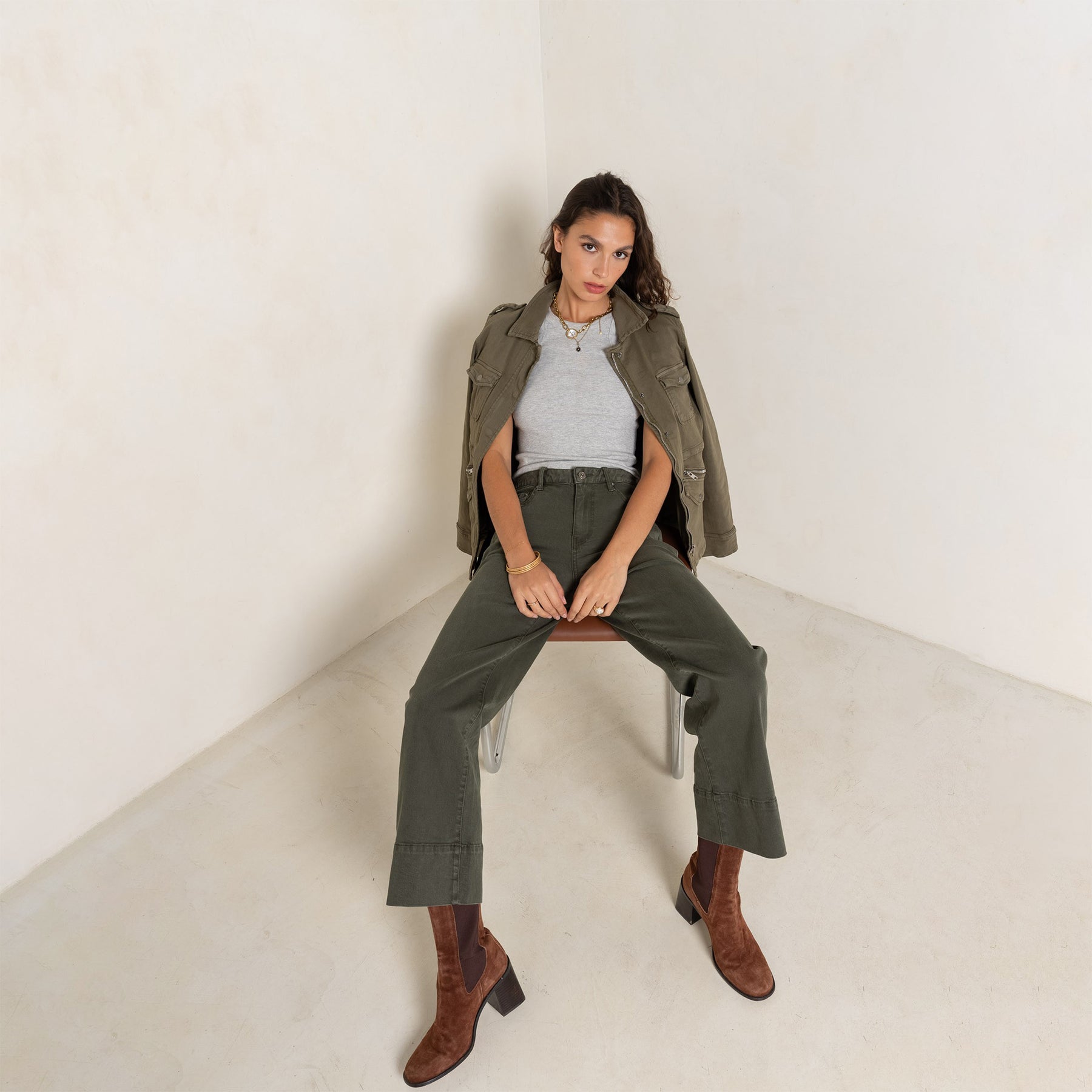 Kaki fonce,Saharienne Lou Classique Fermeture Éclair - Veste Femme - Place du jour