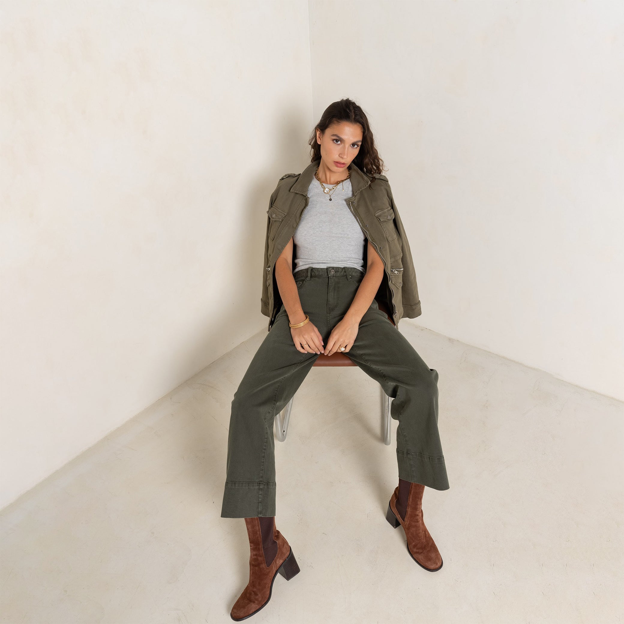 Kaki fonce,Saharienne Lou Classique Fermeture Éclair - Veste Femme - Place du jour